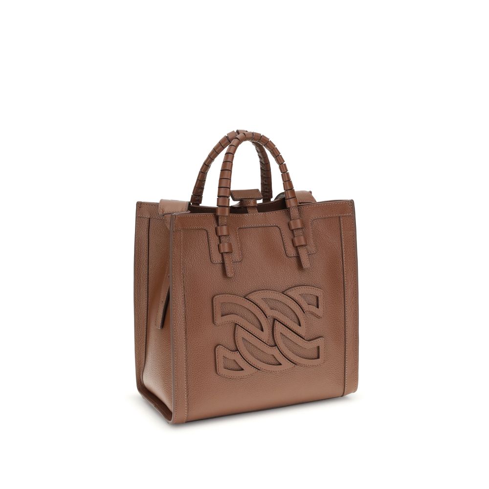 Casadei Brown Calf Leather Bos Taurus Shoulder Bag with embossed logo and tubular handles, featuring a refined leather hook-and-eye closure.