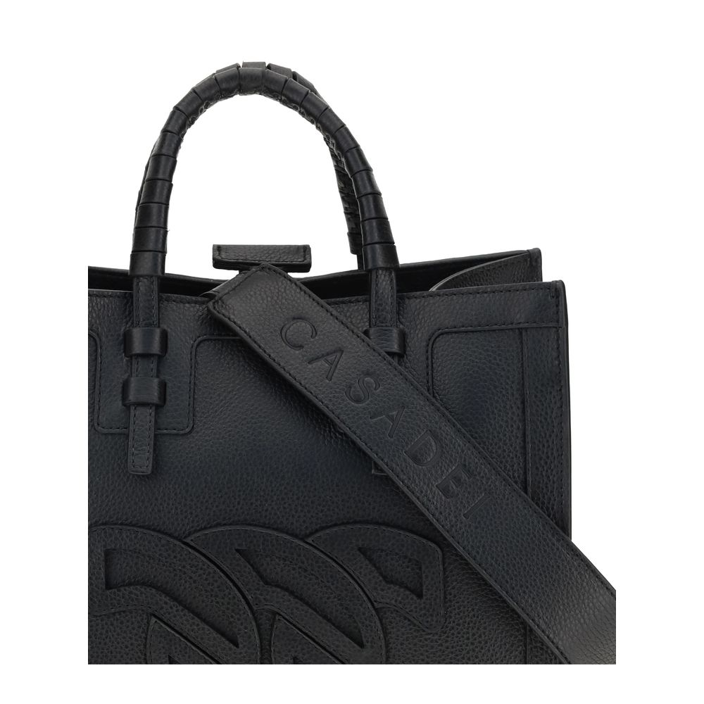 Casadei Black Calf Leather Bos Taurus Shoulder Bag with tubular handles and embossed logo, featuring adjustable strap and elegant closure.