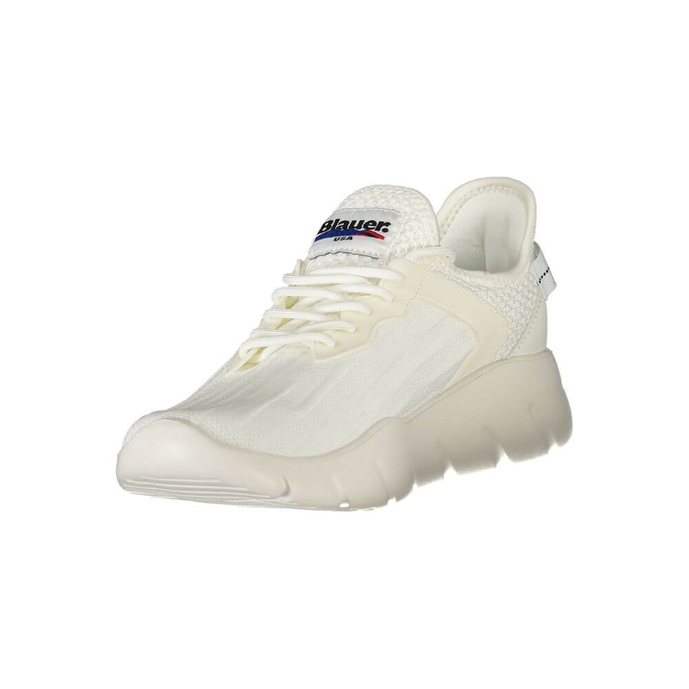 Blauer White Polyester Men Sneaker with bold contrast details and Blauer logo, offering sporty style and comfort.