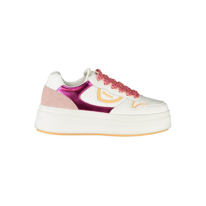 Blauer White Leather Women Sneaker with pink accents and versatile contrasting laces, featuring a removable insole and iconic logo.