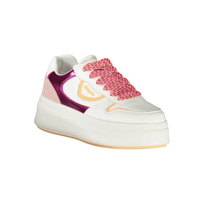 Blauer White Leather Women Sneaker with pink accents and contrasting laces, featuring removable insole for comfort and iconic logo design.