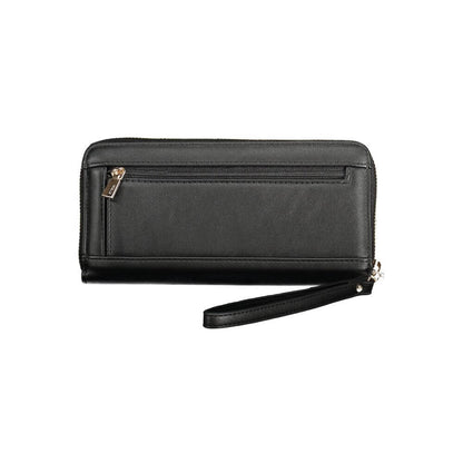 Guess Jeans Black Polyethylene Women Wallet with external pocket and zipper on white background.