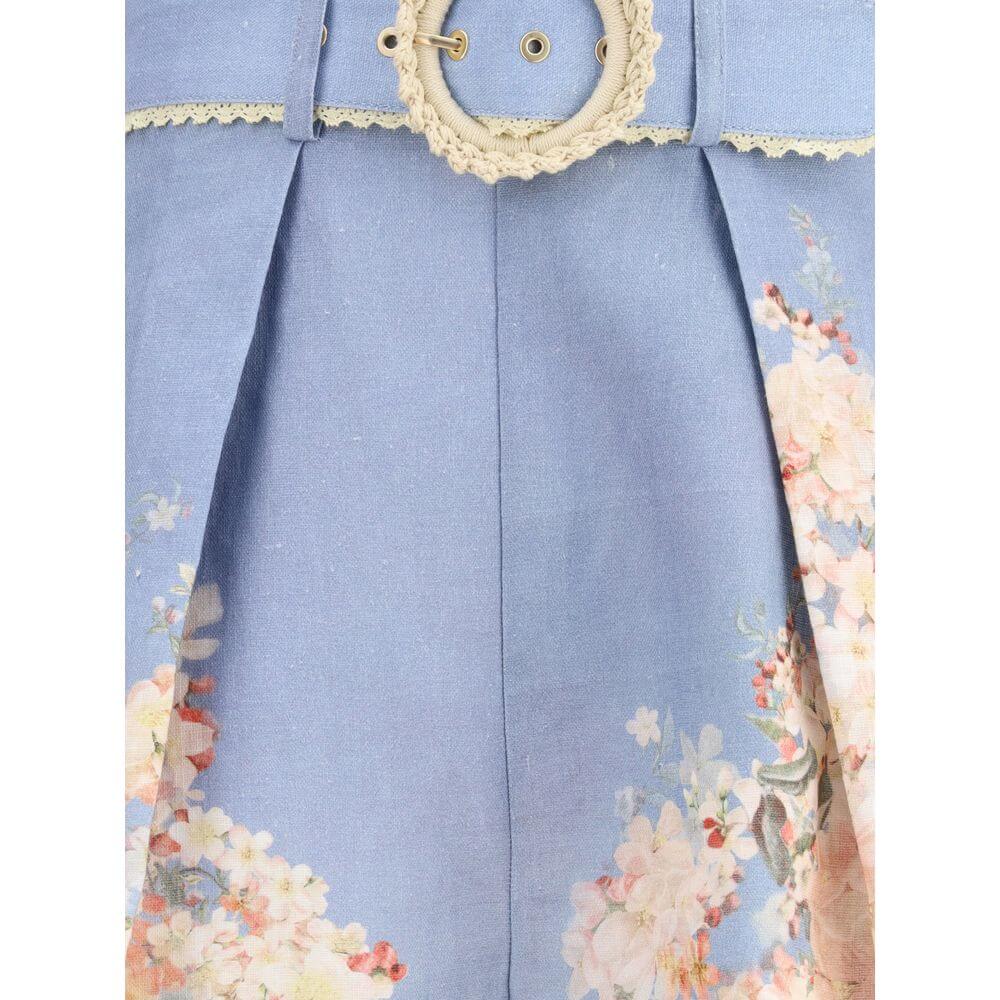 Zimmermann Light Blue Linen Bermuda Shorts with botanical print and belted waist, showcasing soft pleats and side pockets for a summer look