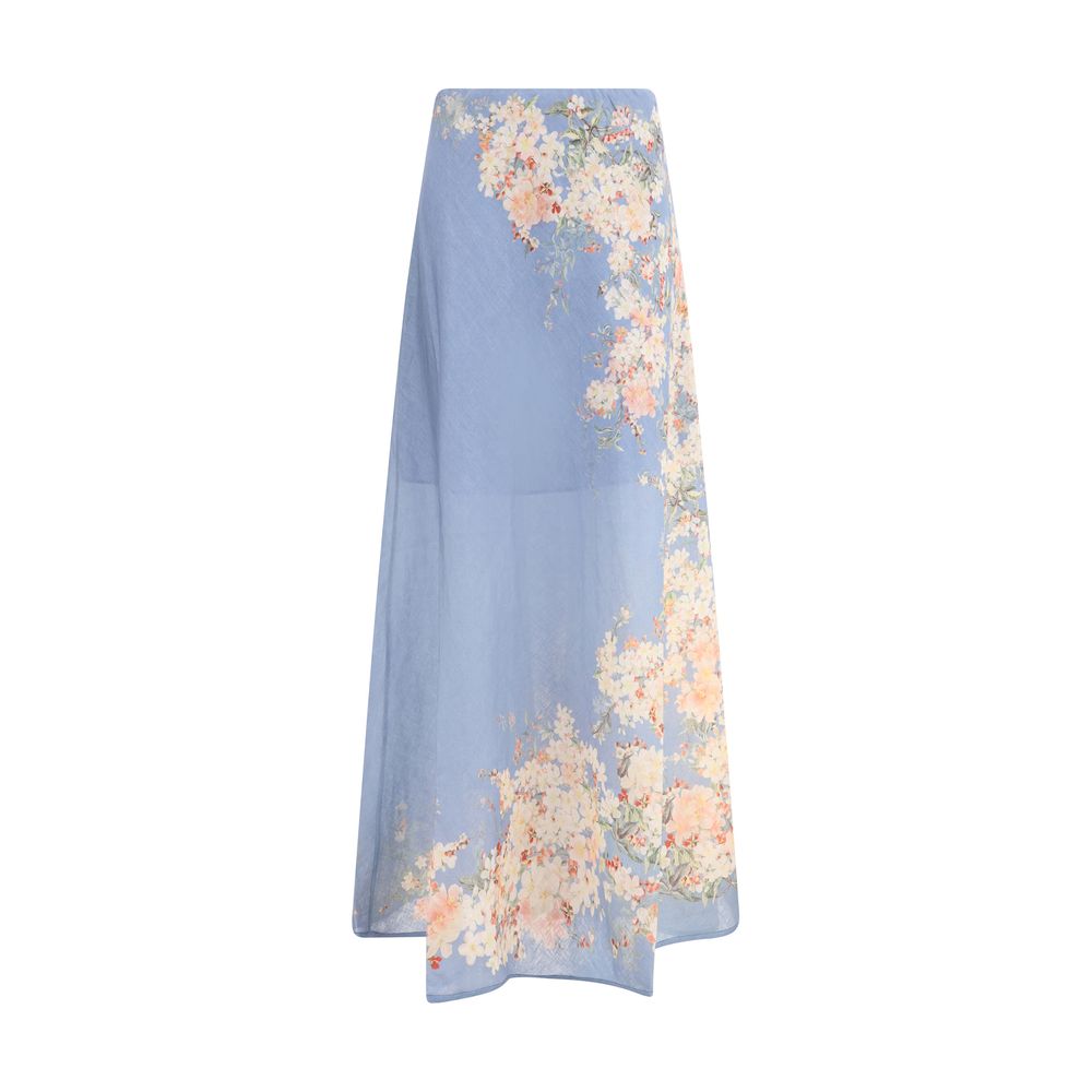 Zimmermann Light Blue Linen Long Skirt with floral print, elastic waist, ideal for summer elegance, made of 100% linen.