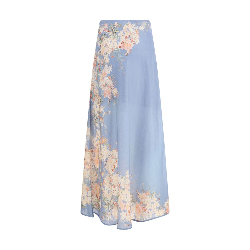 Zimmermann Light Blue Linen Long Skirt with floral print, elastic waist, ideal for elegant summer look, made of 100% linen.
