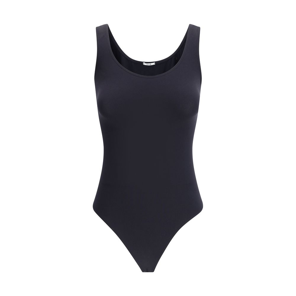 Wolford Black Polyamide Top, sleeveless bodysuit featuring seamless design and deep round neckline, sustainable Velvet circular knit fabric.