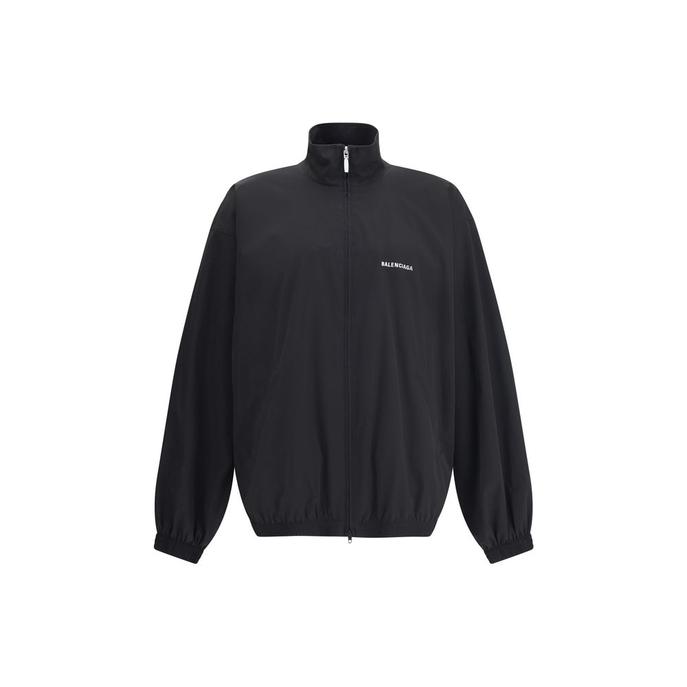 Balenciaga Black Polyester Shell Jacket with high collar and embroidery, featuring front zipper and pocket details, sporty and oversized fit.