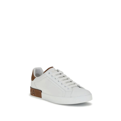 Dolce & Gabbana White Calf Leather Bos Taurus Low Top Sneakers with logo stripe and heel detail.