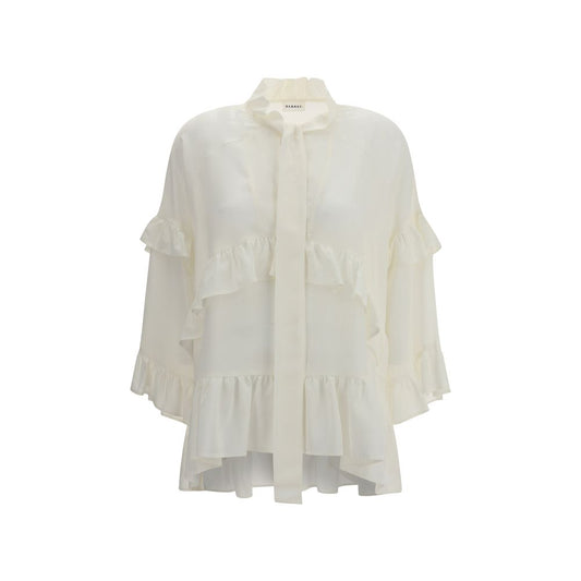 P.A.R.O.S.H. Cream Silk Blouse with ruffles and bow closure, feminine V-neck design, made of 100% silk, regular fit, AW25 season.