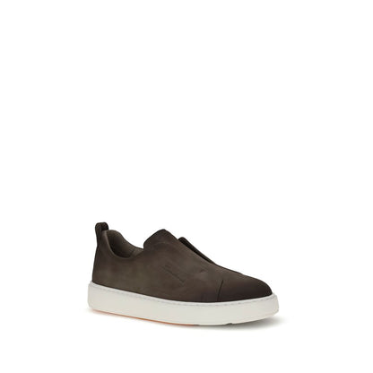 Santoni Brown Rubber Low Top Sneakers with slip-on style and heel loop, featuring durable rubber sole and orange double buckle decoration.