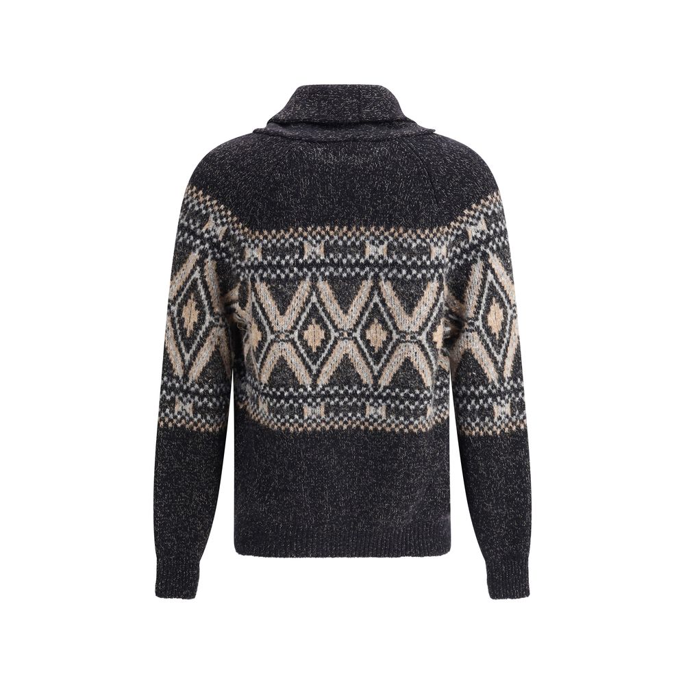Back view of Brunello Cucinelli Black Fleece Wool Sweatshirt featuring diamond-pattern knit design and ribbed cuffs.