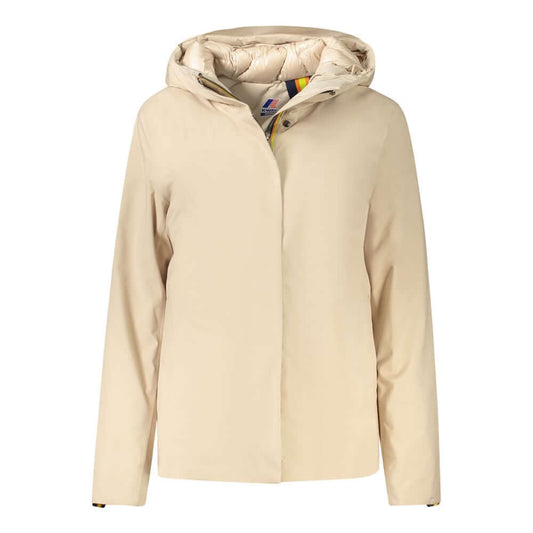 K-WAY Beige Polyester Jackets & Coat with hood, double padding, pockets, buttons, zip, and logo details.