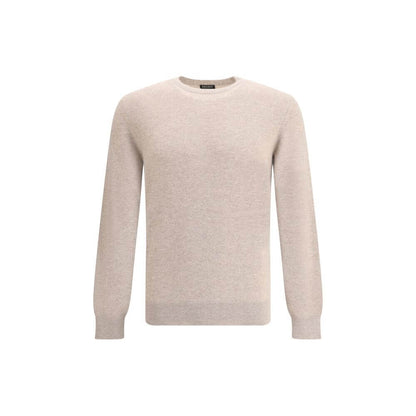 ZEGNA Beige Cashmere Cashmere Sweater, luxury ribbed crew neck made in Italy, offering timeless elegance and softness.