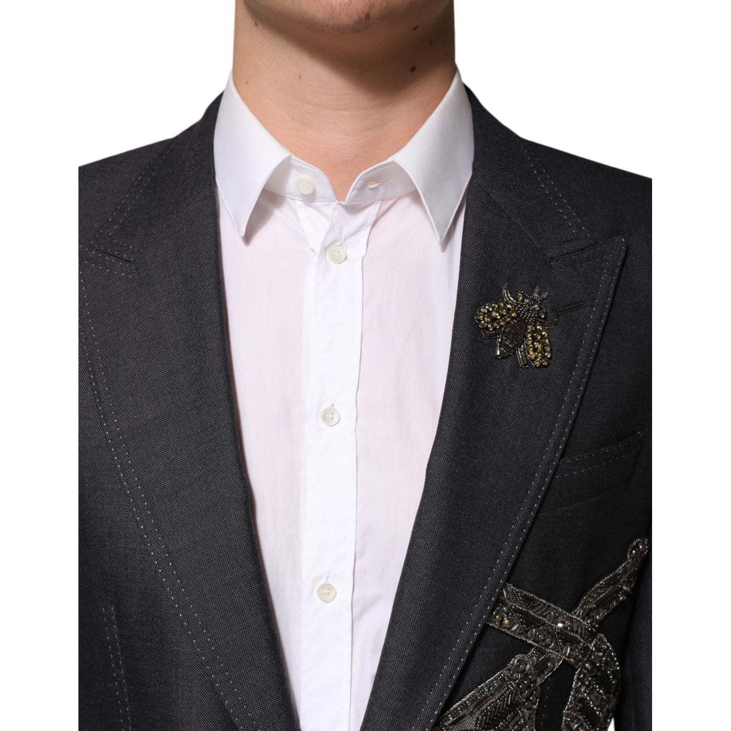Dolce & Gabbana Dark Gray Bee Embroidery Wool Coat Blazer