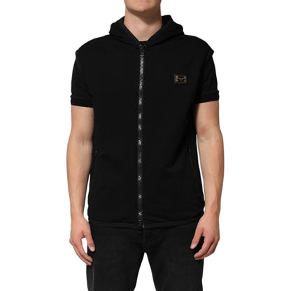 Dolce & Gabbana Black Sleeveless Hooded Logo Plaque Jacket