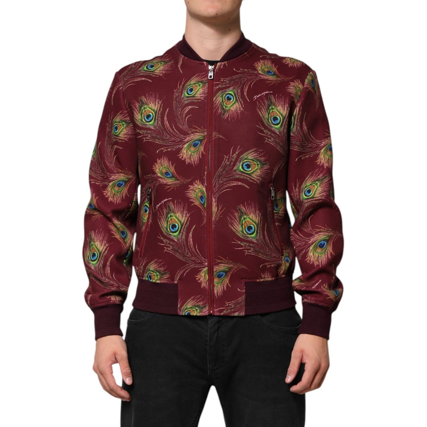 Dolce & Gabbana Maroon Peacock Feather Print Bomber Jacket