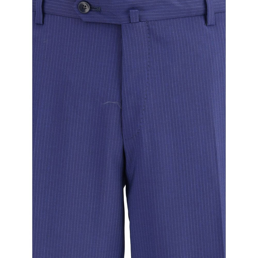 Gi Capri Blue Fleece Wool Suits And Blazer striped pants detail showing button and waistband.