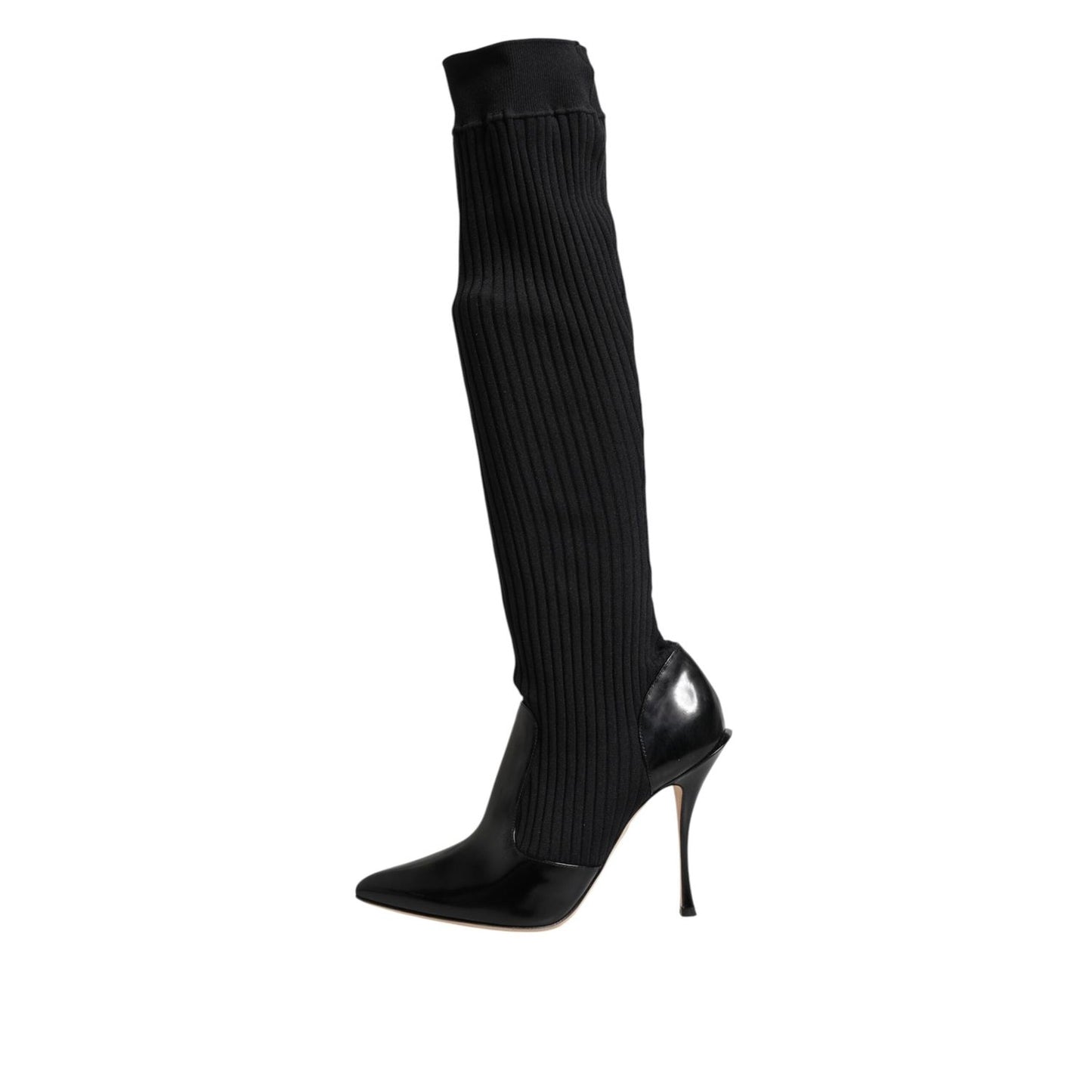 Dolce & Gabbana Black Leather Ribbed Knit Knee Boots Shoes