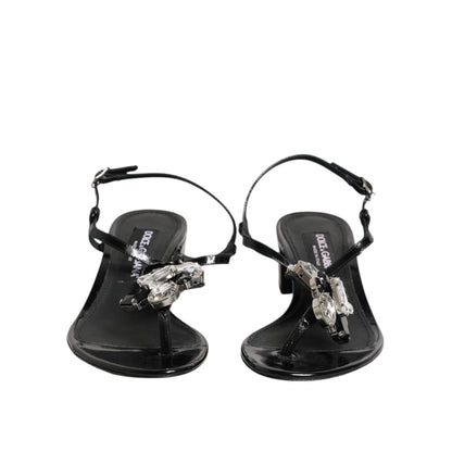 Dolce & Gabbana Black Leather Crystal Ankle Strap Sandals Shoes