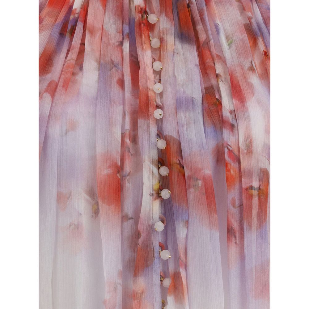 Close-up of Zimmermann Multicolor Viscose Blouse with floral print and button-front closure, showcasing its semi-sheer, draped design.