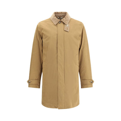 Woolrich Beige Polyester Coat with stylish corduroy collar, warm padding, and elegant front closure for winter protection.
