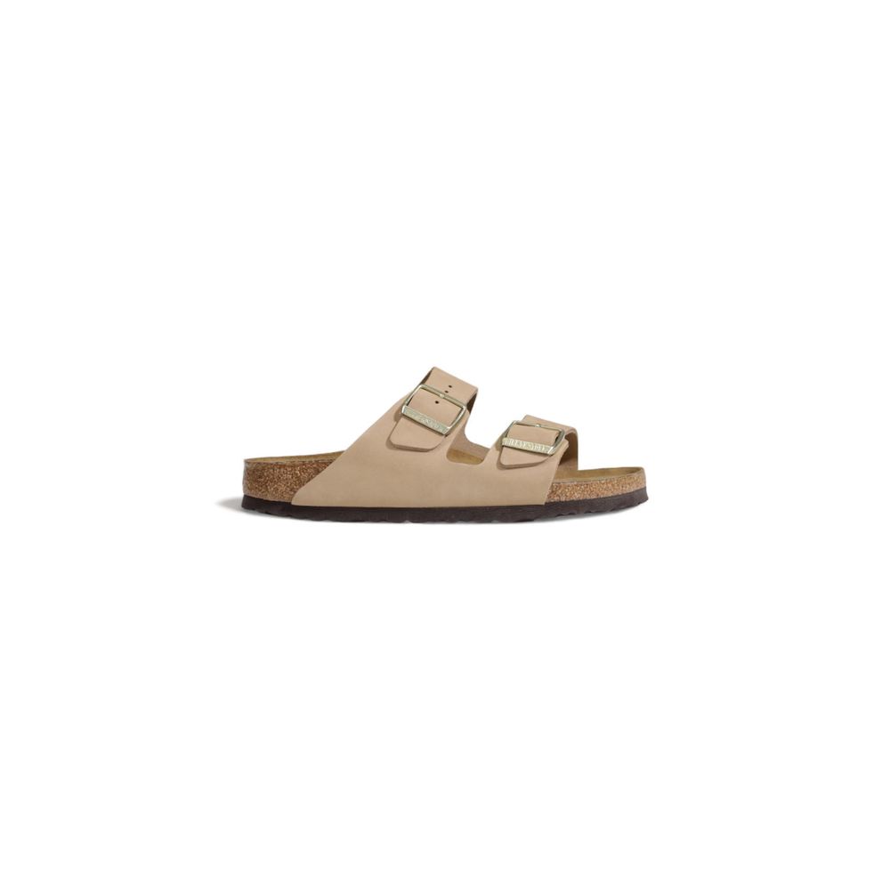 Birkenstock Beige Nubuc Leather Slippers with adjustable metal buckles and cork footbed for women, side view