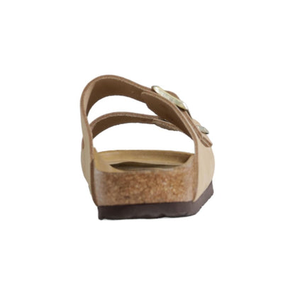 Birkenstock Beige Nubuc Leather Slippers rear view showcasing cork footbed and adjustable straps.