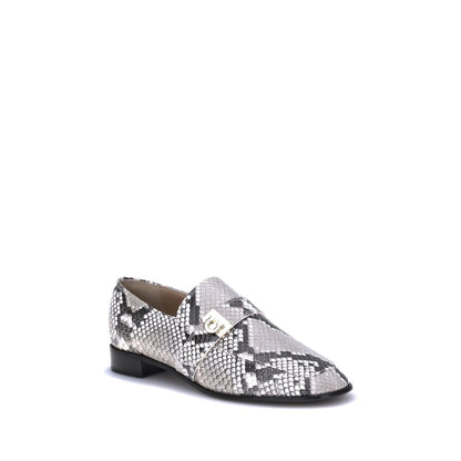Ferragamo Multicolor Goatskin Slip-On Loafers with python print, squared toe, block heel, and golden metal detail.
