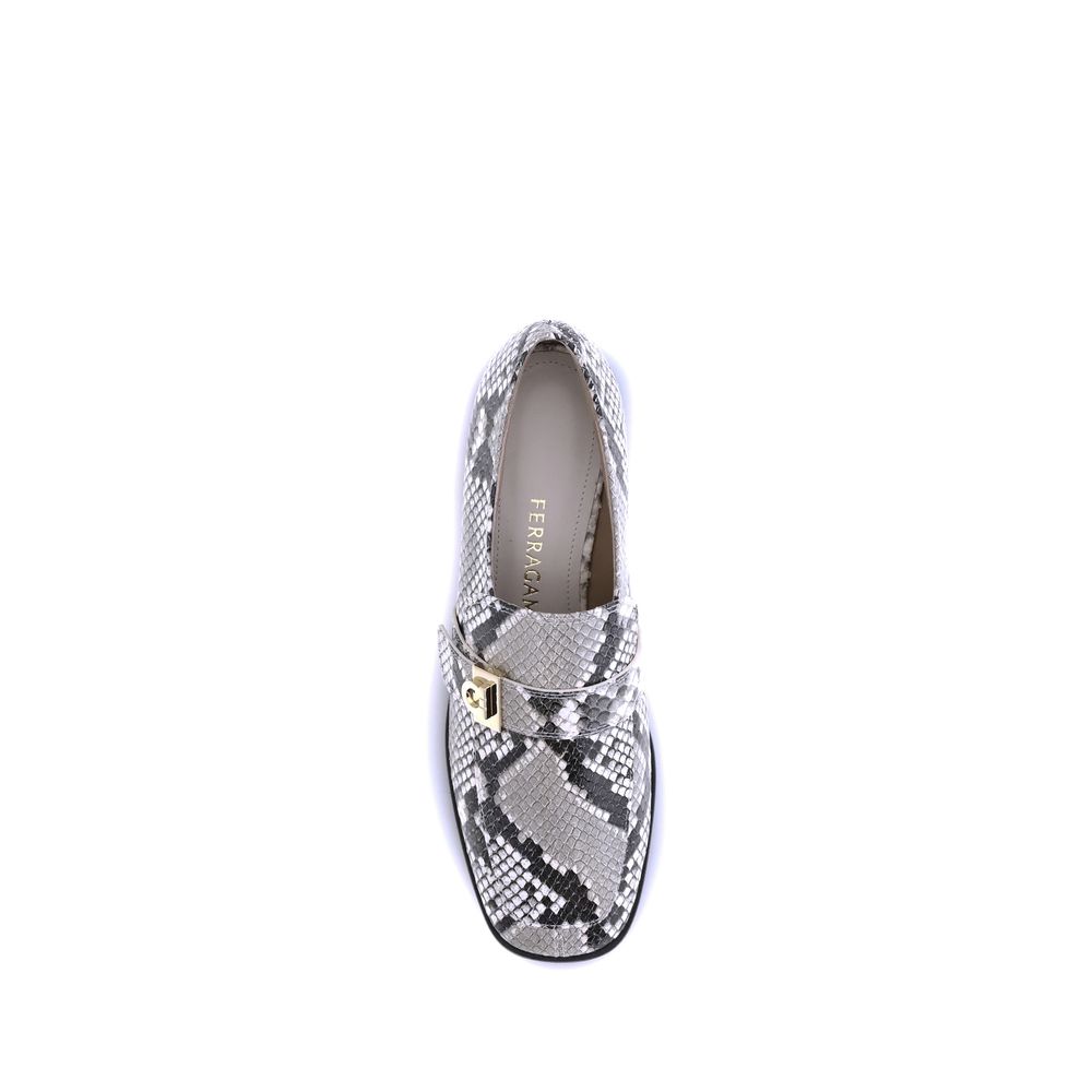Top view of Ferragamo Multicolor Goatskin Slip-On Loafers with python print and gold metal detail.