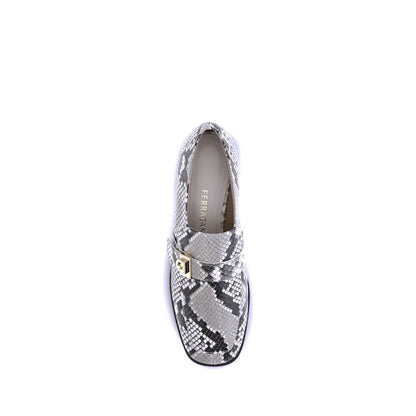 Top view of Ferragamo Multicolor Goatskin Slip-On Loafers with python print and gold metal detail.