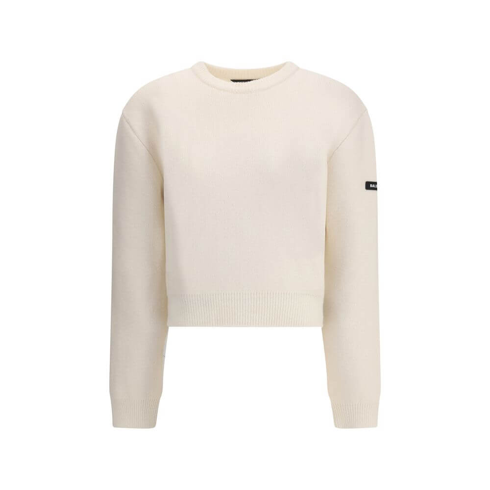 Balenciaga White Wool Sweatshirt showing a classic crew neck and logo patch on sleeve with ribbed cuffs and hem for a casual look.