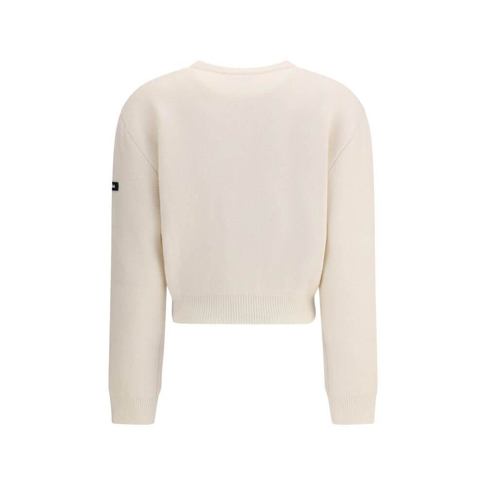 Balenciaga White Wool Sweatshirt with ribbed cuffs, dropped shoulders, and logo patch on sleeve, offering comfort and contemporary style.