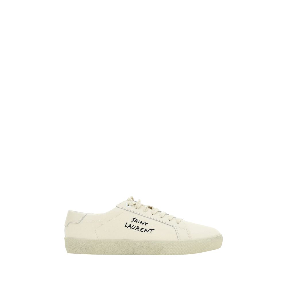 Saint Laurent White Rubber Low Top Sneakers with cotton upper, embroidery, and crater-effect sole.