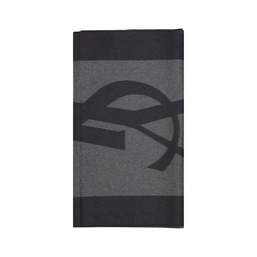 Saint Laurent Gray Silk Scarf with YSL logo, 100% silk, featuring frayed hems. Ideal for adding a distinctive touch. Dimensions: 50 x 215 cm.