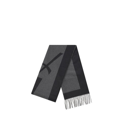 Saint Laurent Gray Silk Scarf with YSL logo, featuring frayed hems and elongated design, 100% silk, AW25 collection.