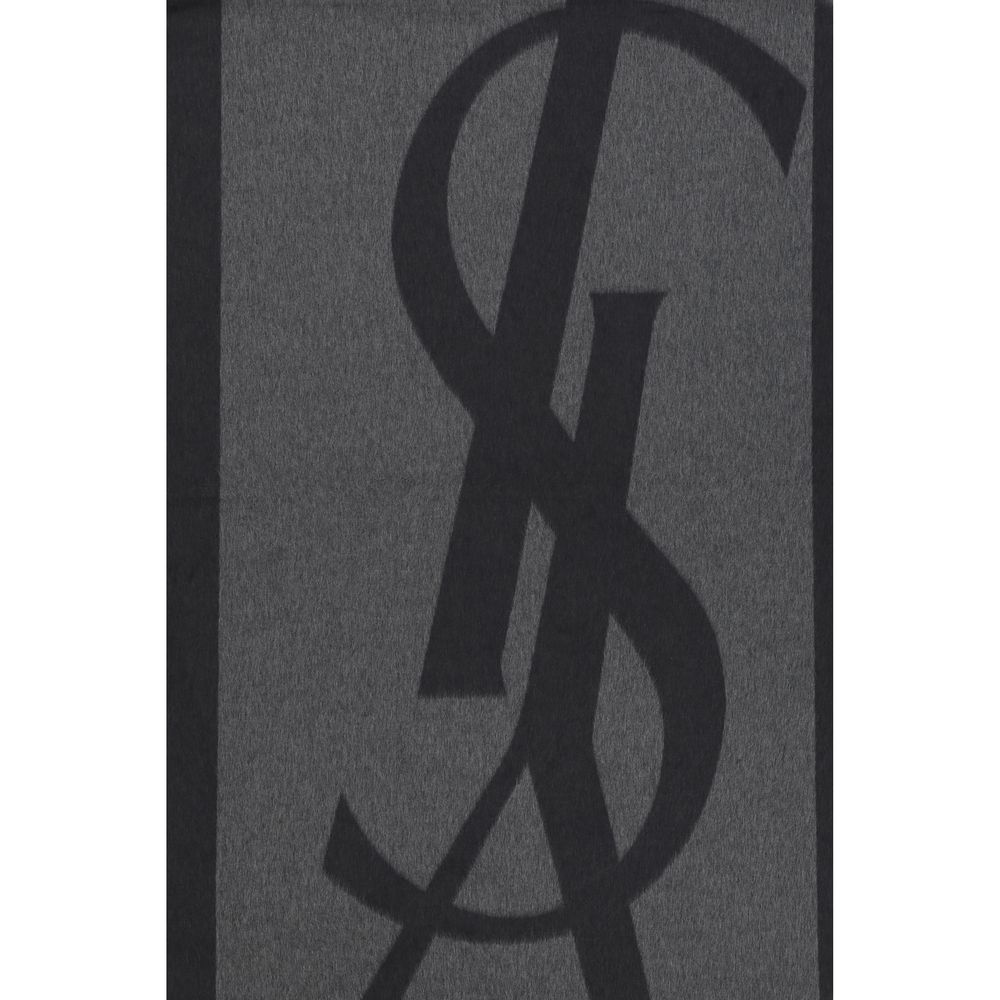 Saint Laurent Gray Silk Scarf with iconic YSL logo, featuring frayed hems and an elegant elongated format for a distinctive look.