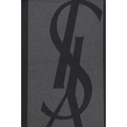 Saint Laurent Gray Silk Scarf with iconic YSL logo, featuring frayed hems and an elegant elongated format for a distinctive look.