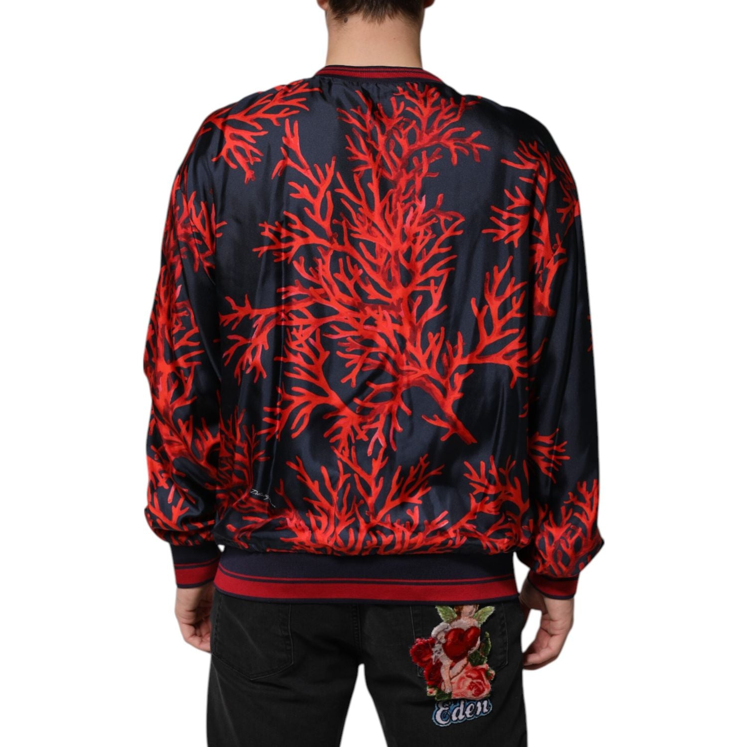 Dolce & Gabbana Navy Red Silk Coral Print Pullover Sweater