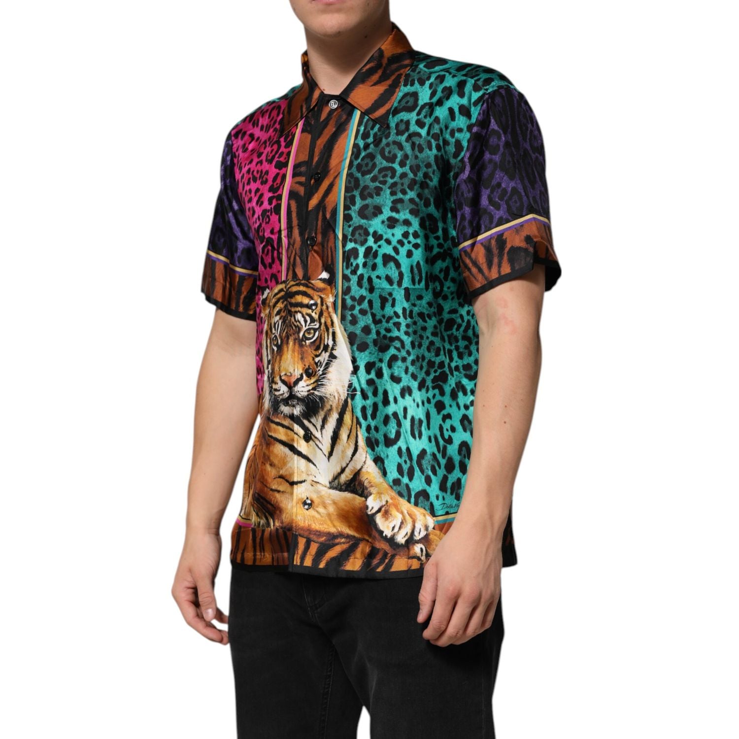 Dolce & Gabbana Multicolor Silk Tiger Print Hawaiian T-shirt