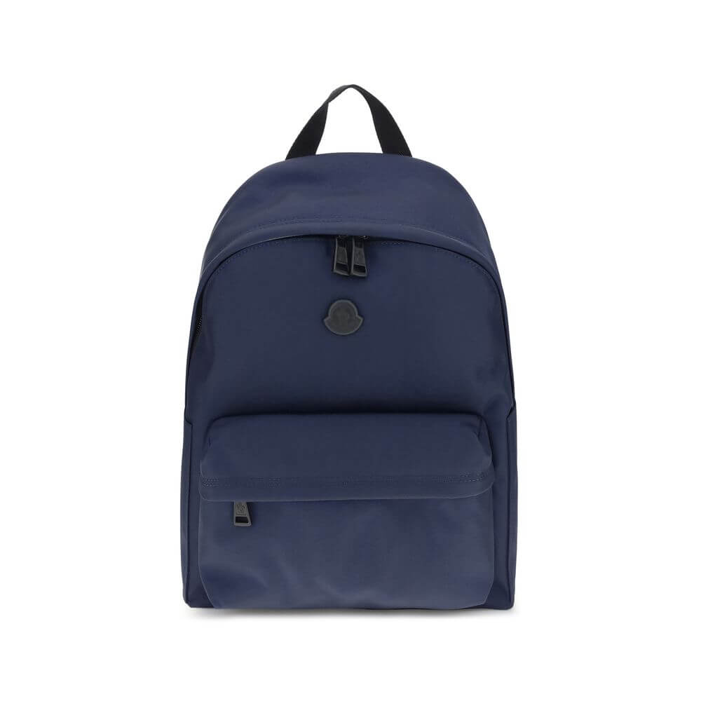 Moncler Blue Nylon Backpack with leather trim and adjustable straps, featuring water-repellent fabric and sleek design.