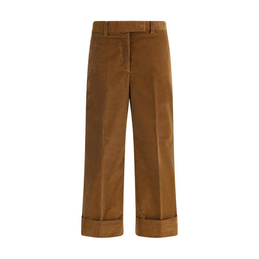 Thom Browne Brown Cotton Casual Pants with turned-up hems and tricolor applique, featuring front zipper, hook-and-eye closure.