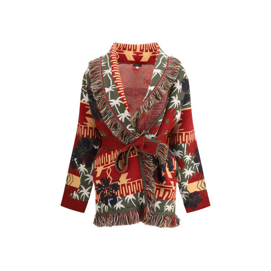 Alanui Multicolor Fleece Wool Cardigan with hibiscus and palm tree double jacquard pattern, two-tone sash belt, and fringed edges.