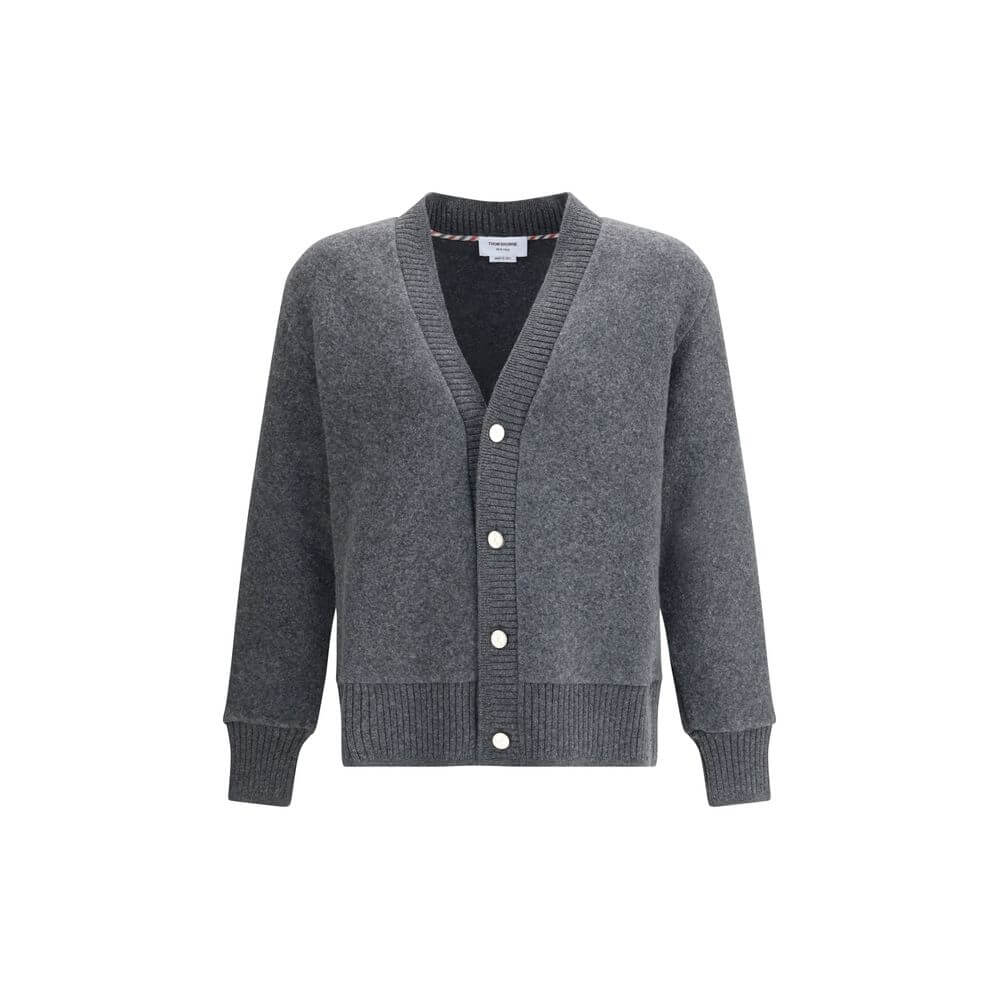 Thom Browne Gray Wool Cardigan with v-neck and button closure, ribbed cuffs, and hem, ideal for adding sophistication to any wardrobe.