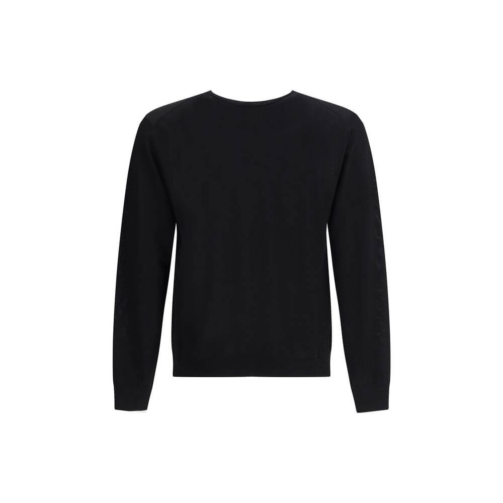 Prada Black Fleece Wool Sweatshirt with ribbed crew neck and contrasting logo, offering contemporary style and comfortable fit for AW25 season.