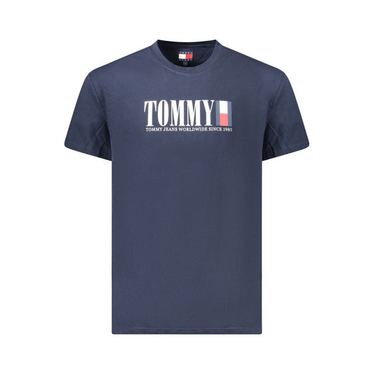 Tommy Hilfiger Blue Cotton Men T-Shirt with logo on front, sustainable fashion choice.
