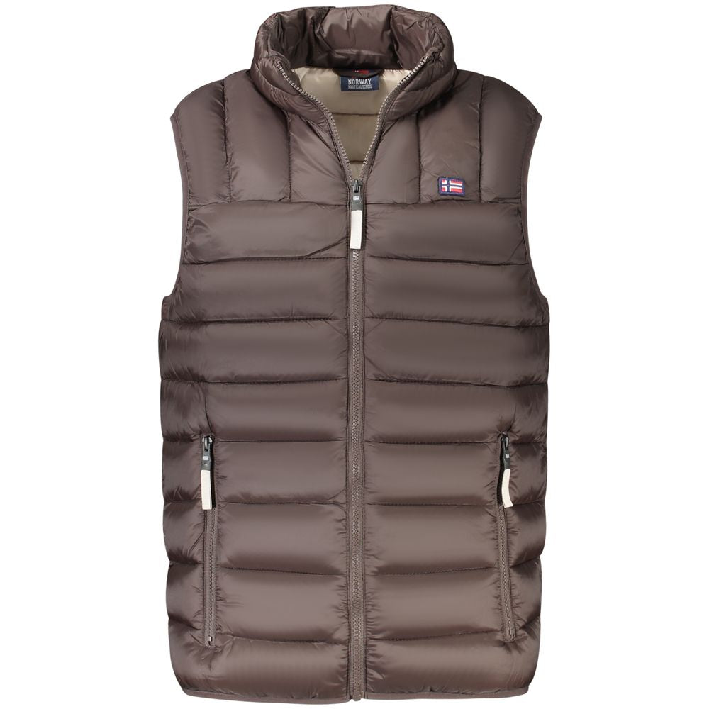 Norway 1963 Brown Polyamide Men Jacket with contrasting yellow accents, featuring a sleeveless design and multiple pockets for style and function.