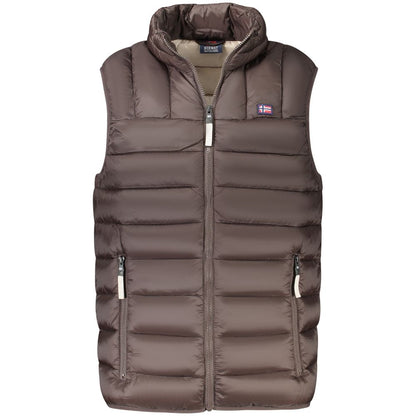 Norway 1963 Brown Polyamide Men Jacket with contrasting yellow accents, featuring a sleeveless design and multiple pockets for style and function.