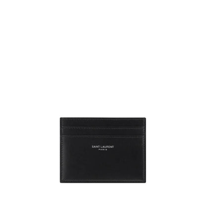 Saint Laurent Black Calf Leather Bos Taurus Wallet, calfskin card holder with monogram stamp, front and back card slots.