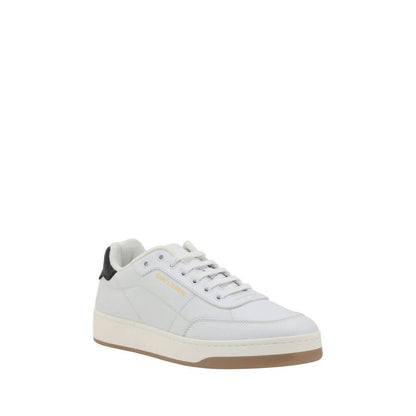 Saint Laurent White Calf Leather Bos Taurus Low Top Sneakers with monogram detailing and flat sole on white background.