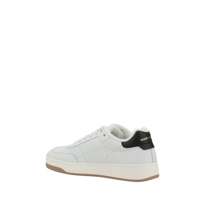 Saint Laurent White Calf Leather Bos Taurus Low Top Sneakers featuring iconic contrasting monogram and comfortable flat sole.